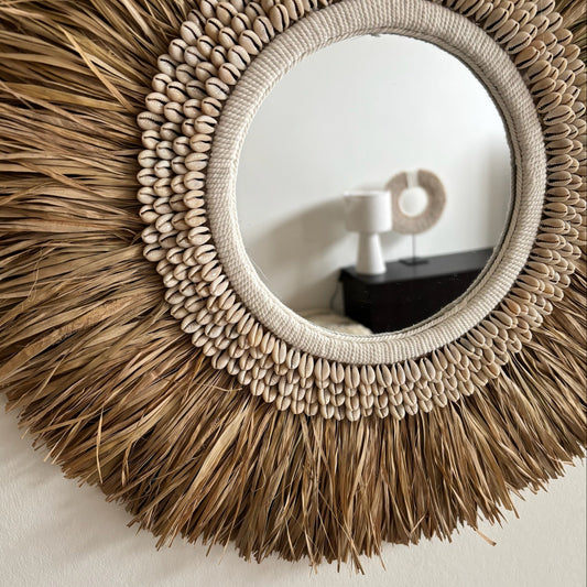 Ronde Wanddecoratie met Spiegel Raffia