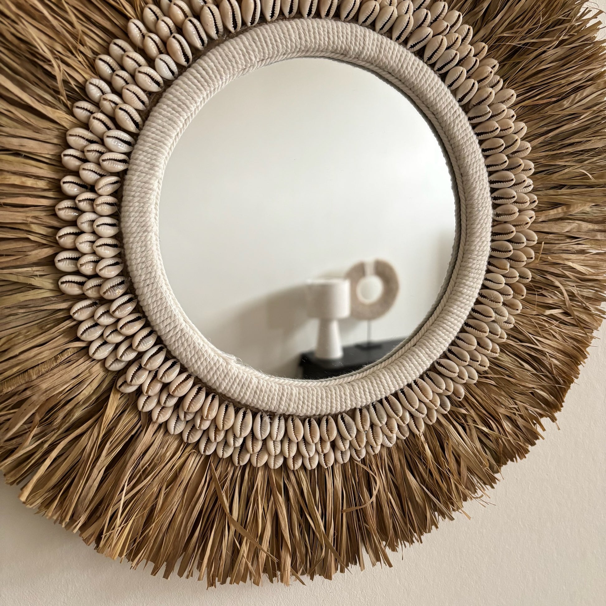 Ronde Wanddecoratie met Spiegel Raffia