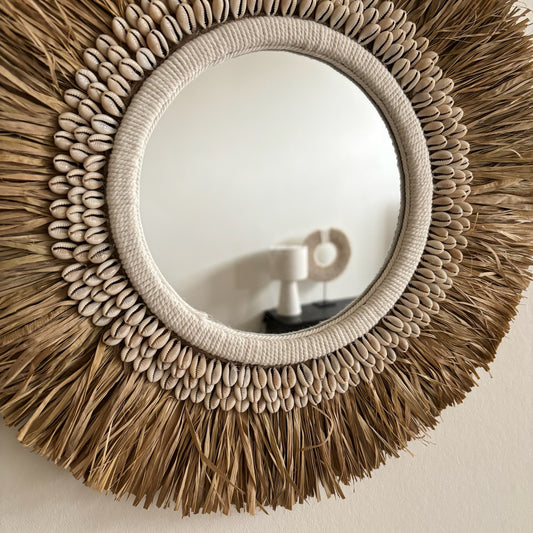 Ronde Wanddecoratie met Spiegel Raffia