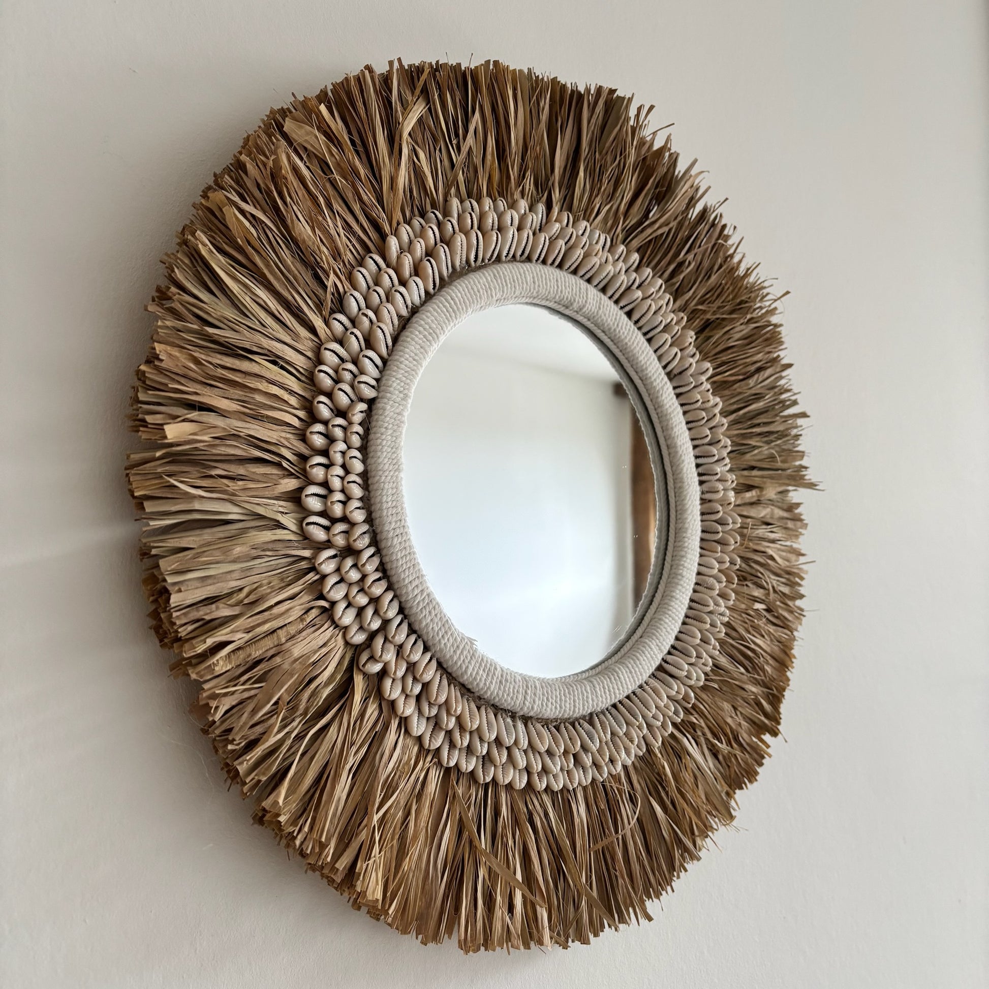 Ronde Wanddecoratie met Spiegel Raffia
