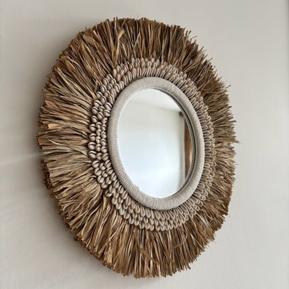 Ronde Wanddecoratie met Spiegel Raffia