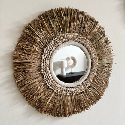 Ronde Wanddecoratie met Spiegel Raffia