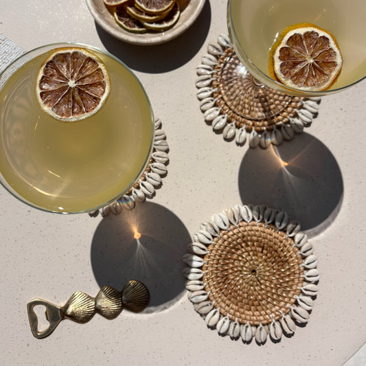 Rattan Coaster with Shells - Natural