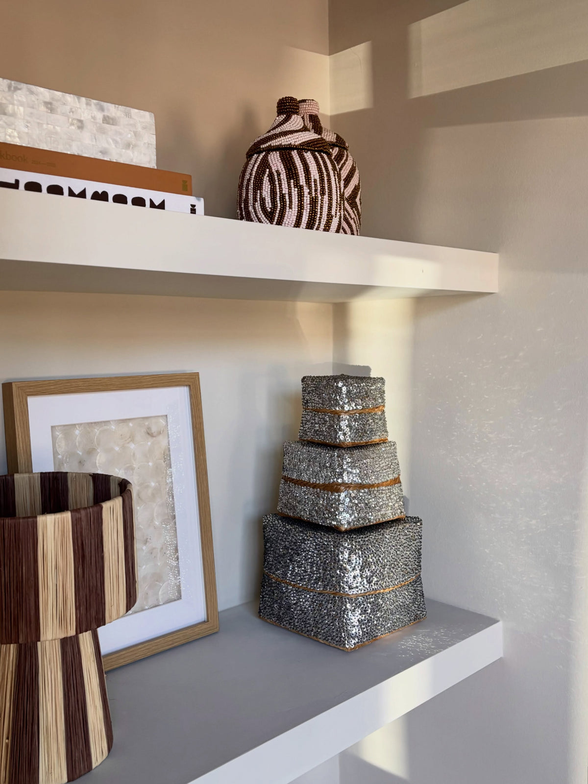 Bamboo Offering Basket with Sequins Silver